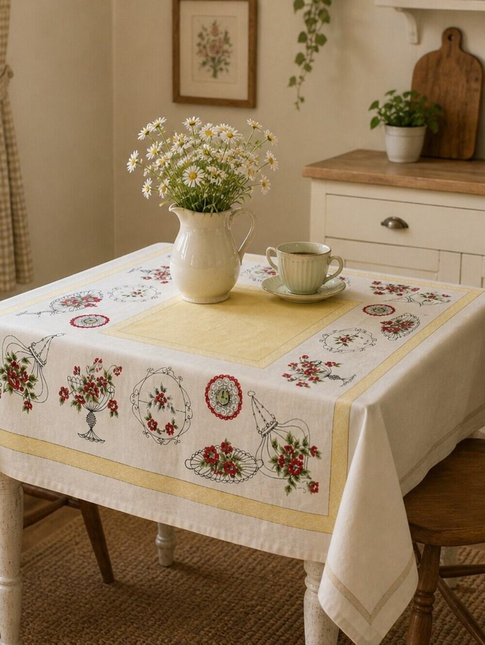 Vintage 60s Cottagecore Floral Tablecloth Retro Farmhouse Kitchen Decor 44x47.5